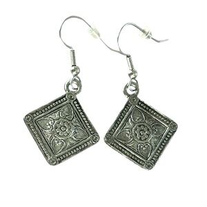 Silver Square Diamond Shape Tribal Style Embossed Design Drop Dangle Earrings